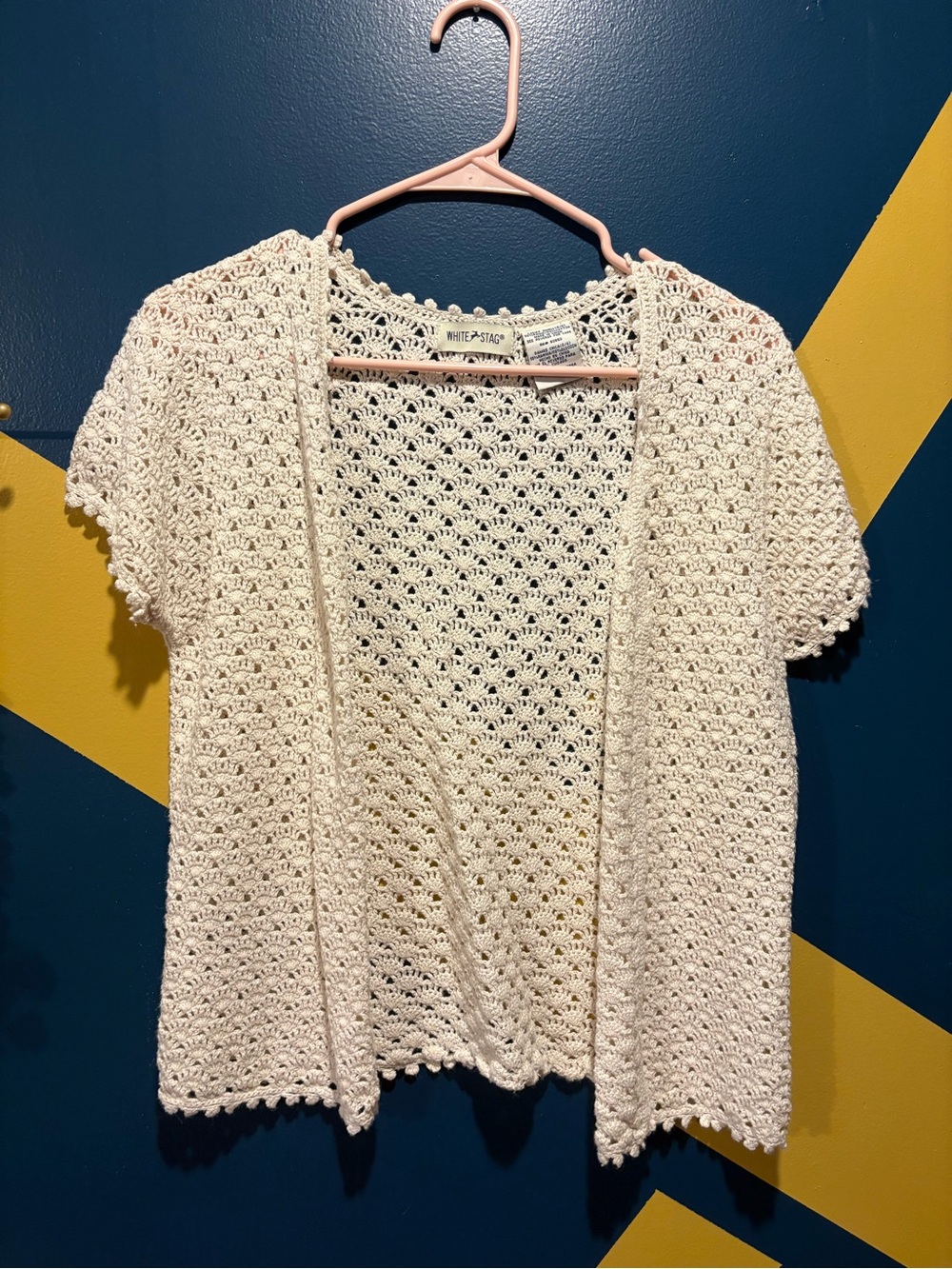 Vintage White Stag Cream Crochet Knit Short Sleeve Cardigan EUC